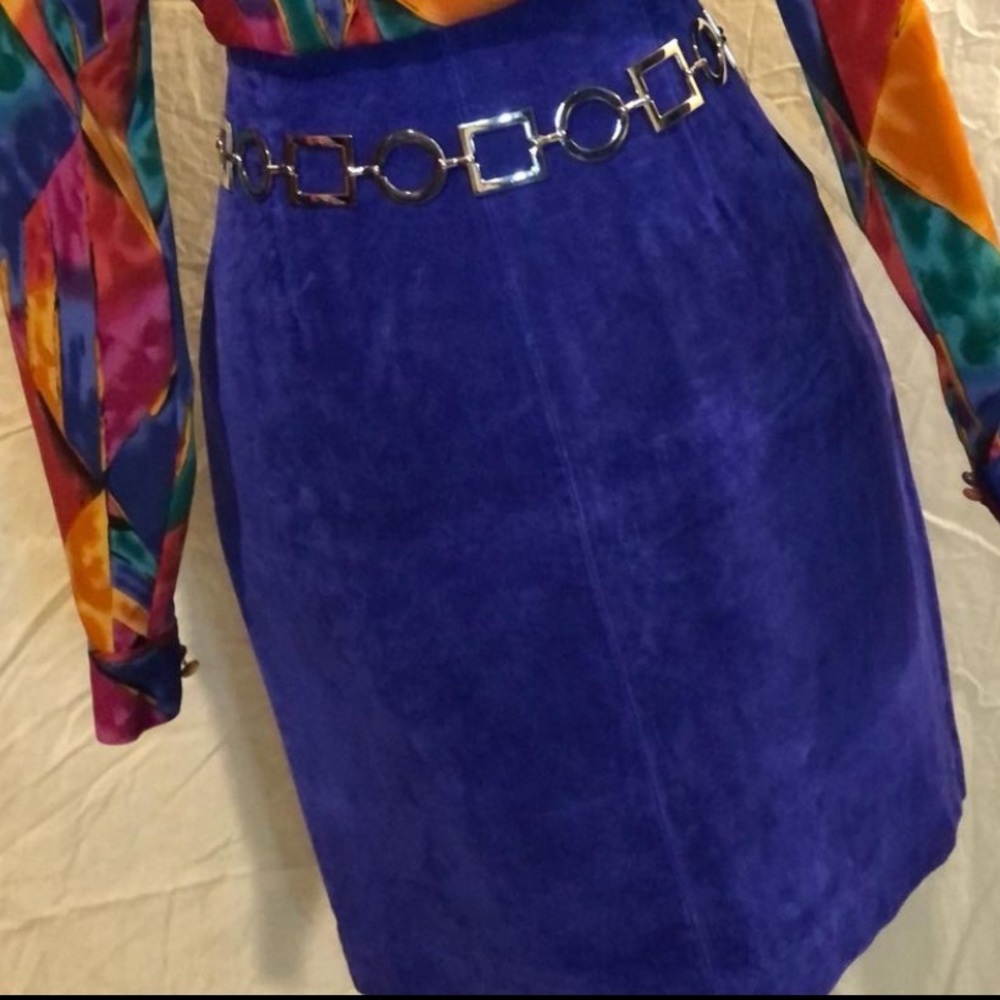 Vintage Blue Suede High Waist Midi Skirt